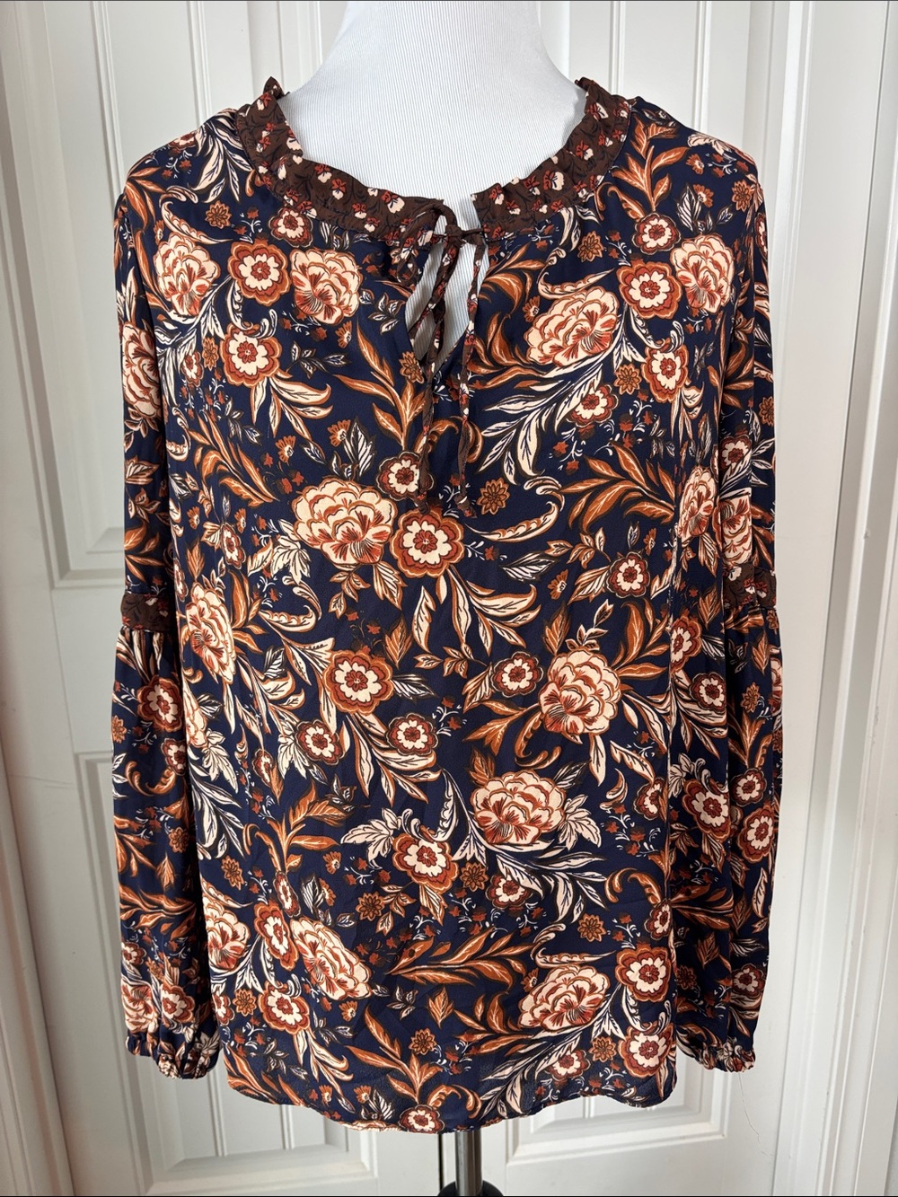 Rose & Olive Navy Floral Tie-Neck Tunic with Rust and Cream Accents